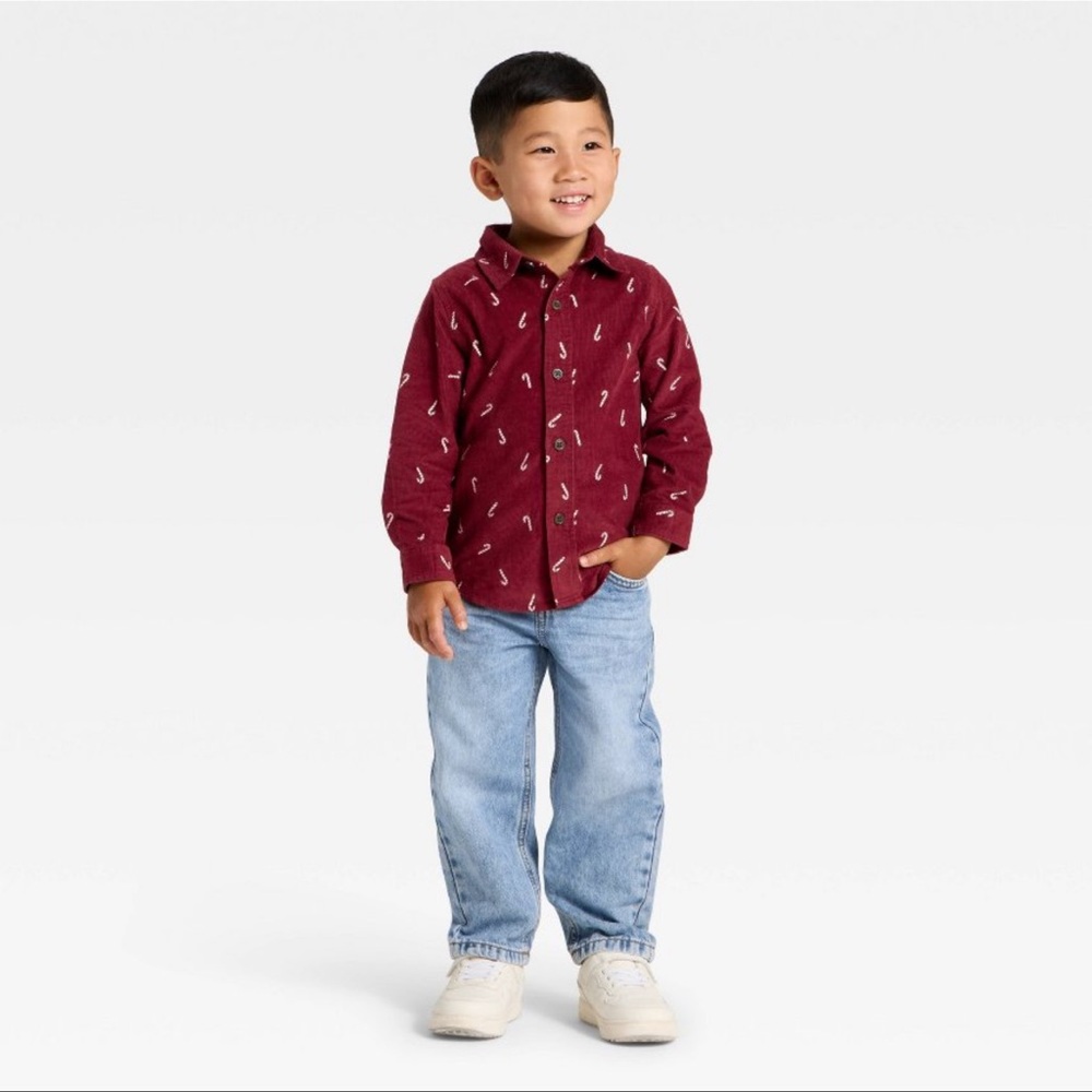 Toddler Boys' Long Sleeve Candy Cane Button-Up Shirt - Cat & Jack™ Maroon 18M